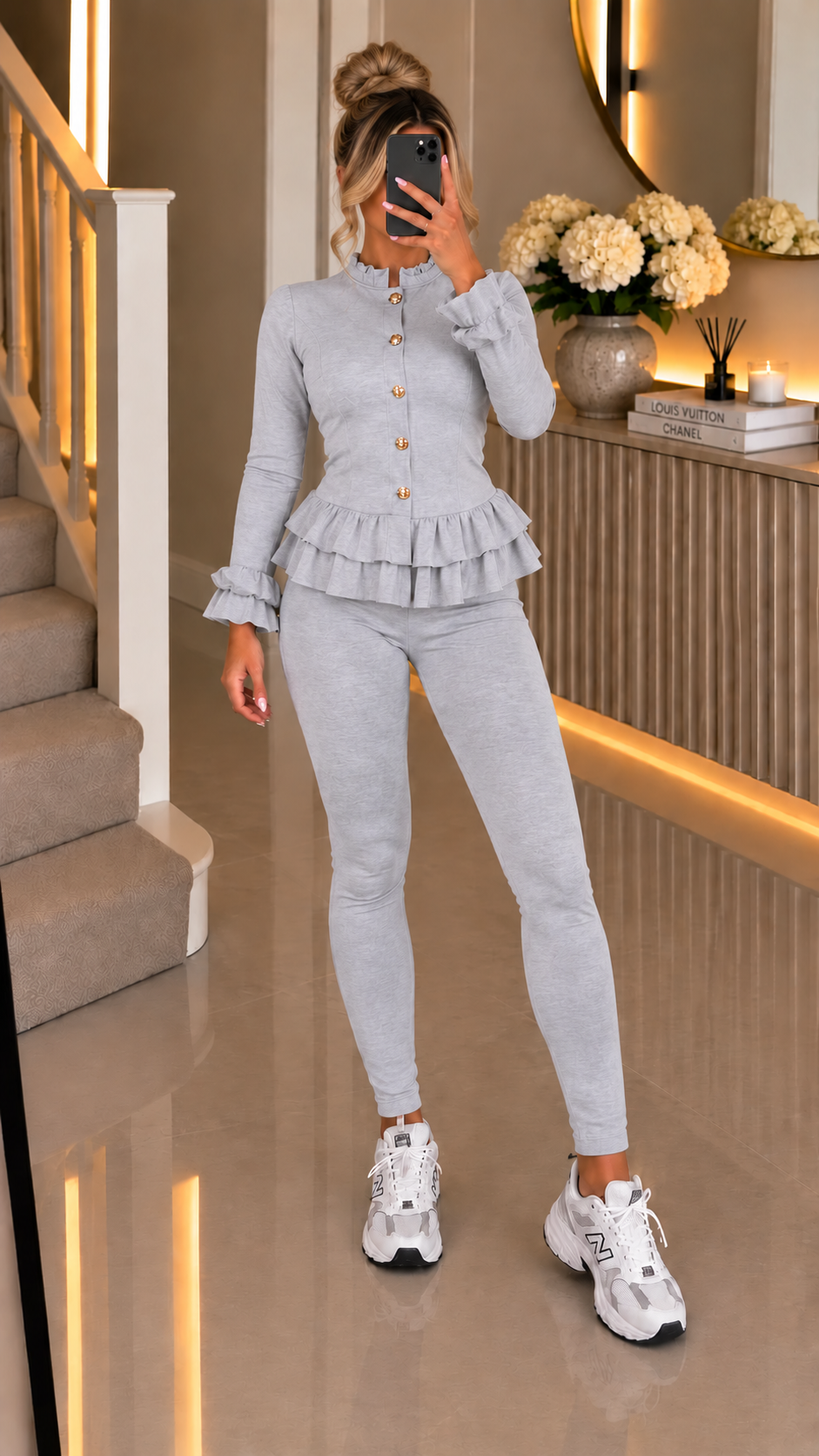 Peplum Ribbed  Button Two Piece Co-ord with Frill Sleeve and Hem