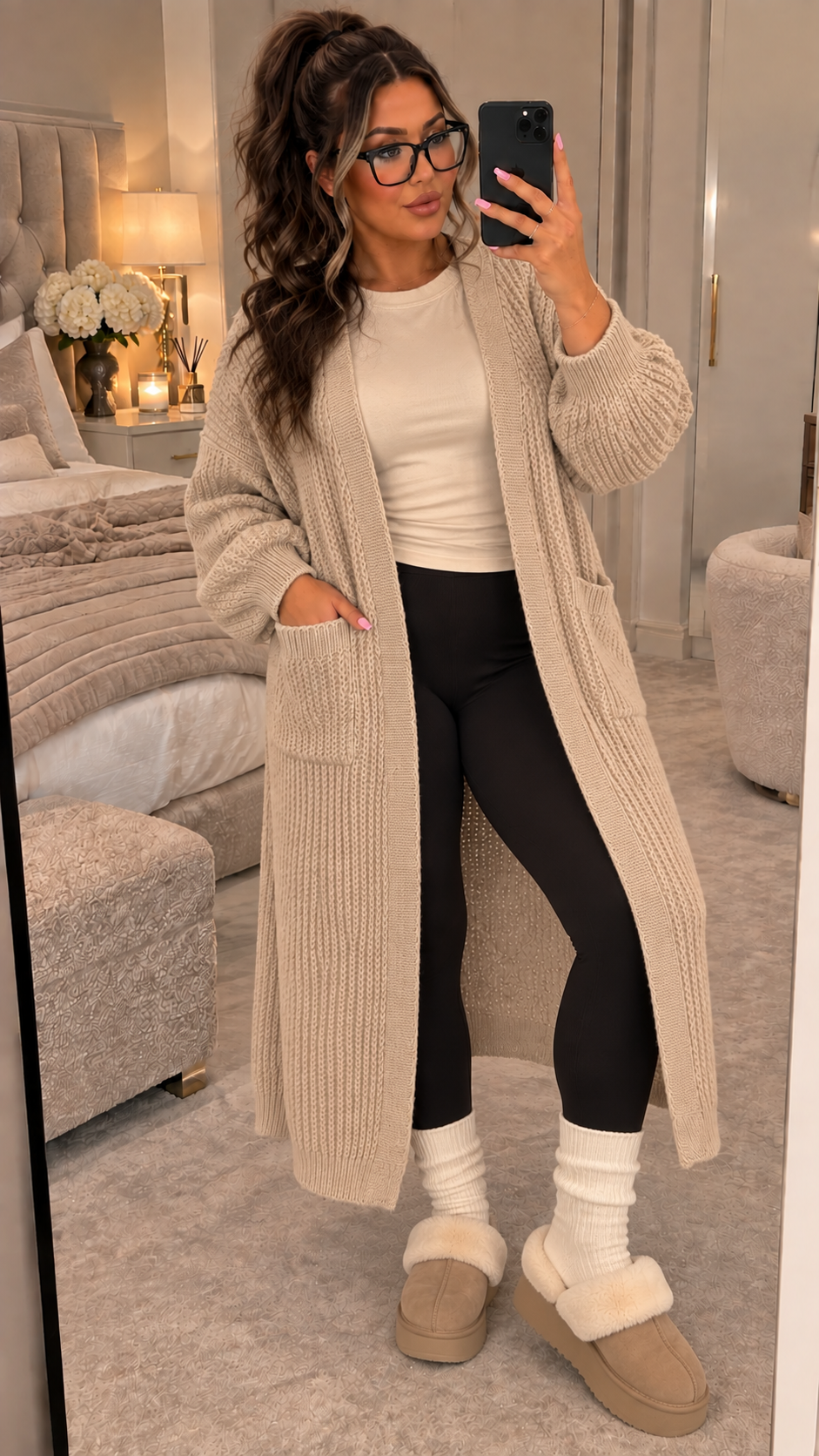 Balloon Sleeved Knitted Maxi Cardigan