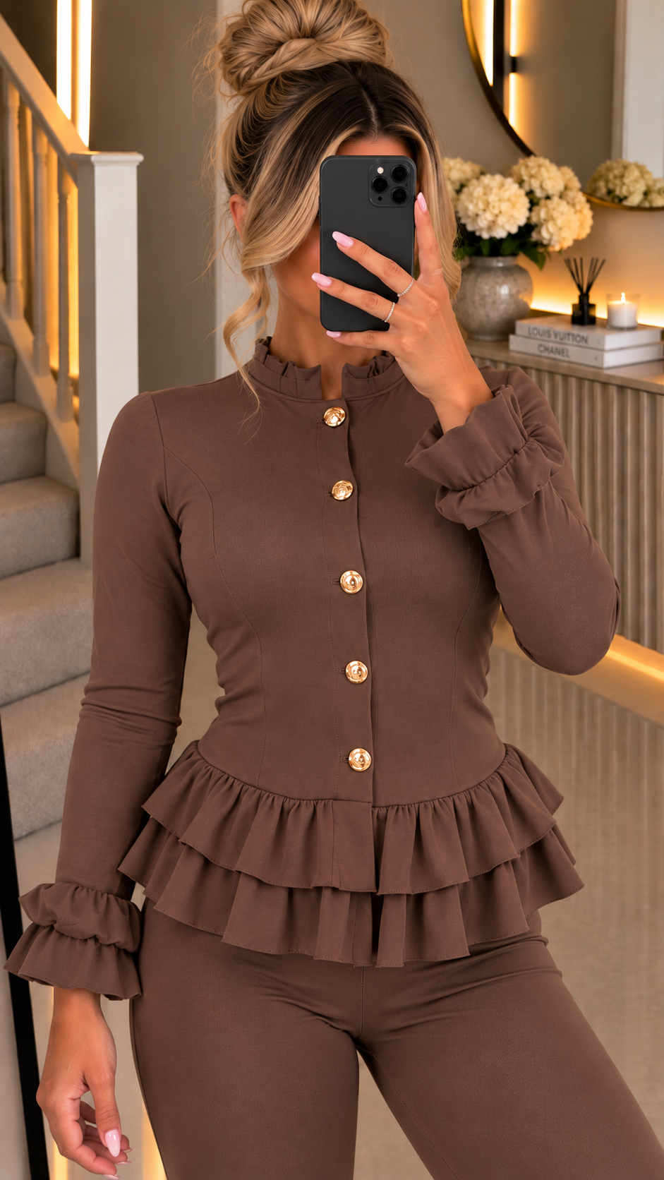 Peplum Ribbed  Button Two Piece Co-ord with Frill Sleeve and Hem