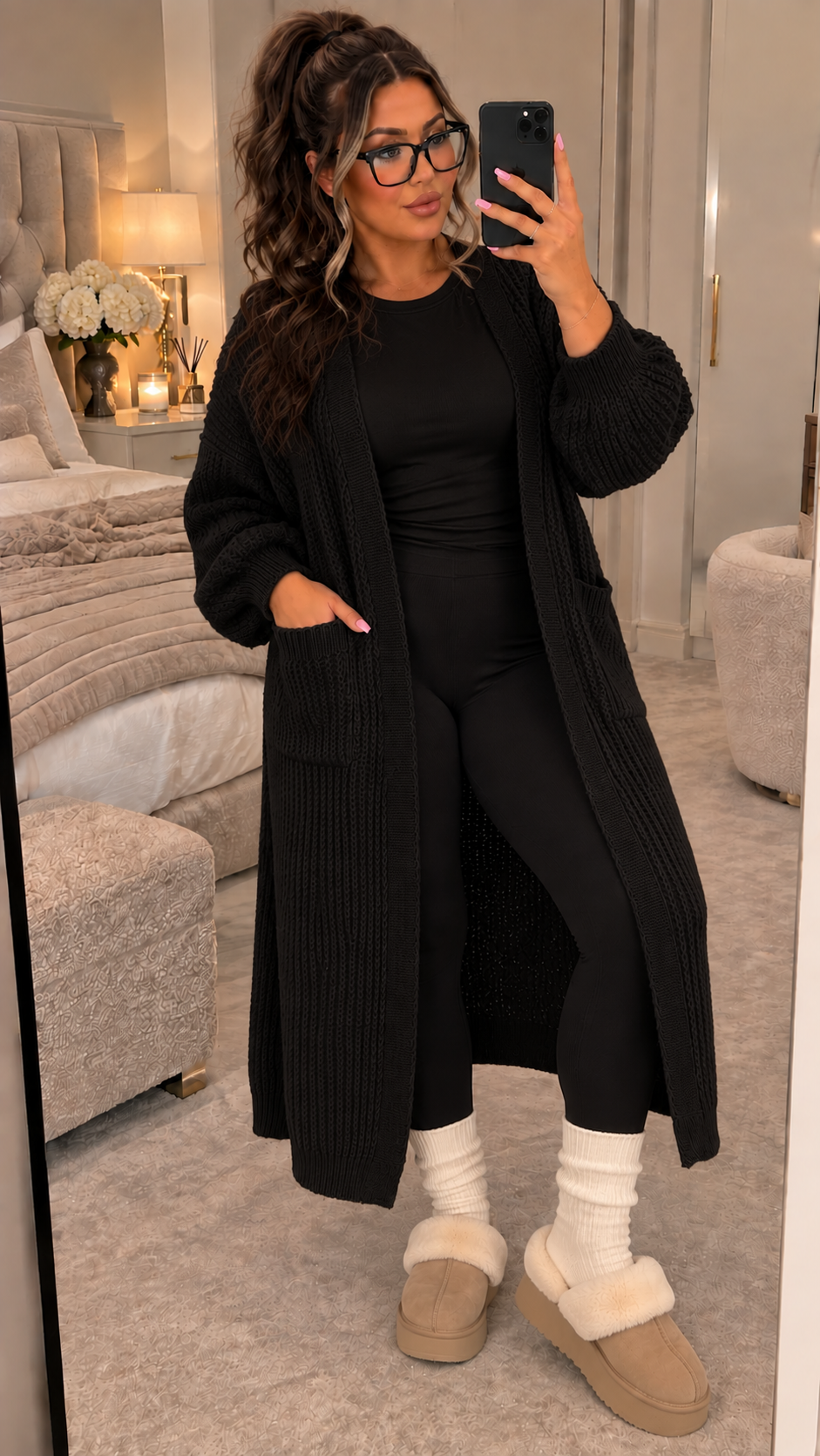 Balloon Sleeved Knitted Maxi Cardigan