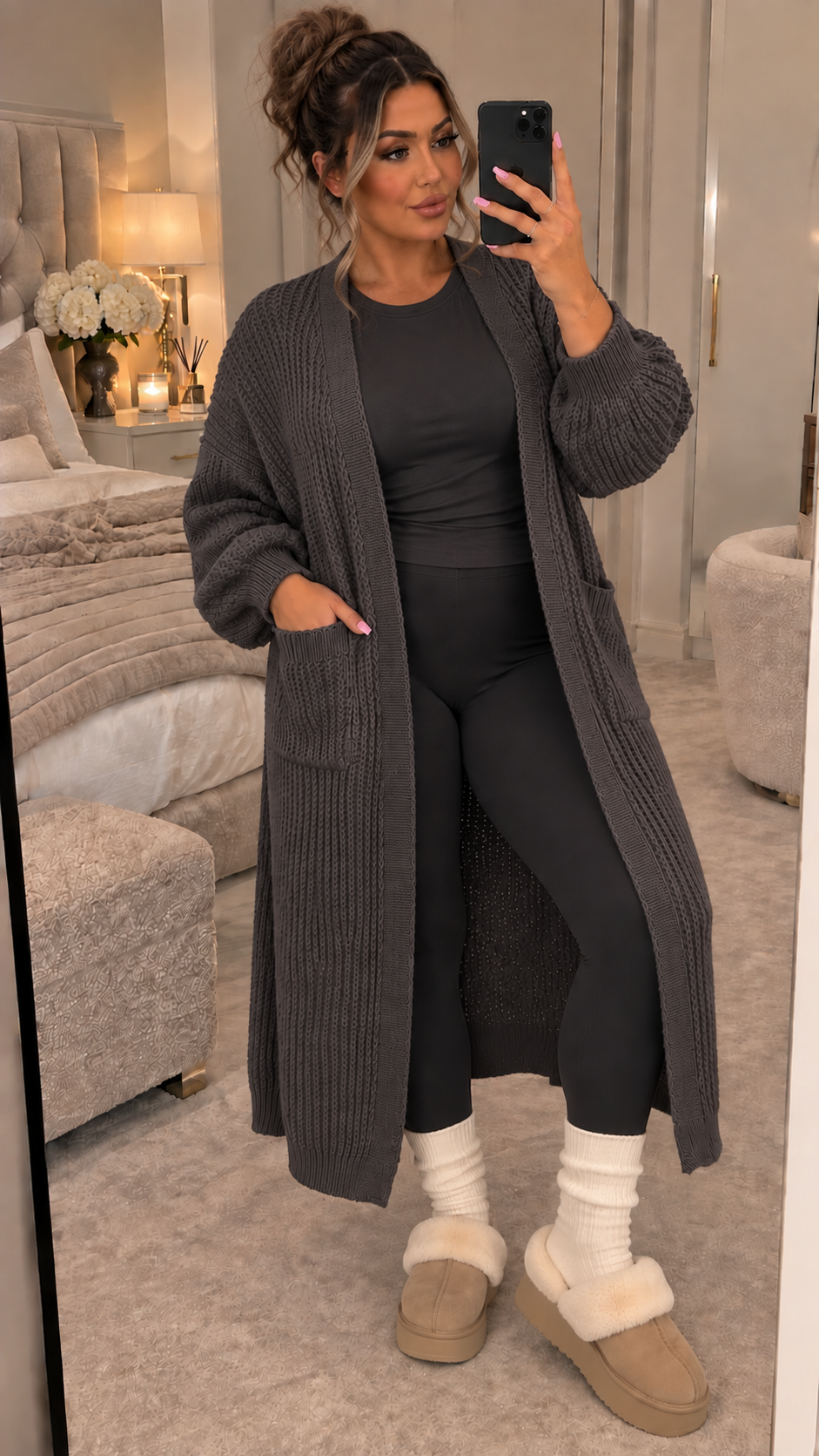 Balloon Sleeved Knitted Maxi Cardigan
