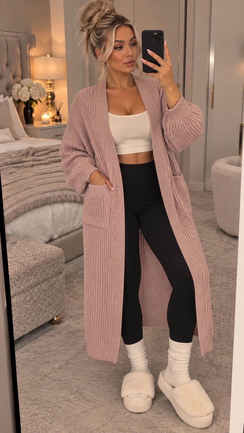Balloon Sleeved Knitted Maxi Cardigan