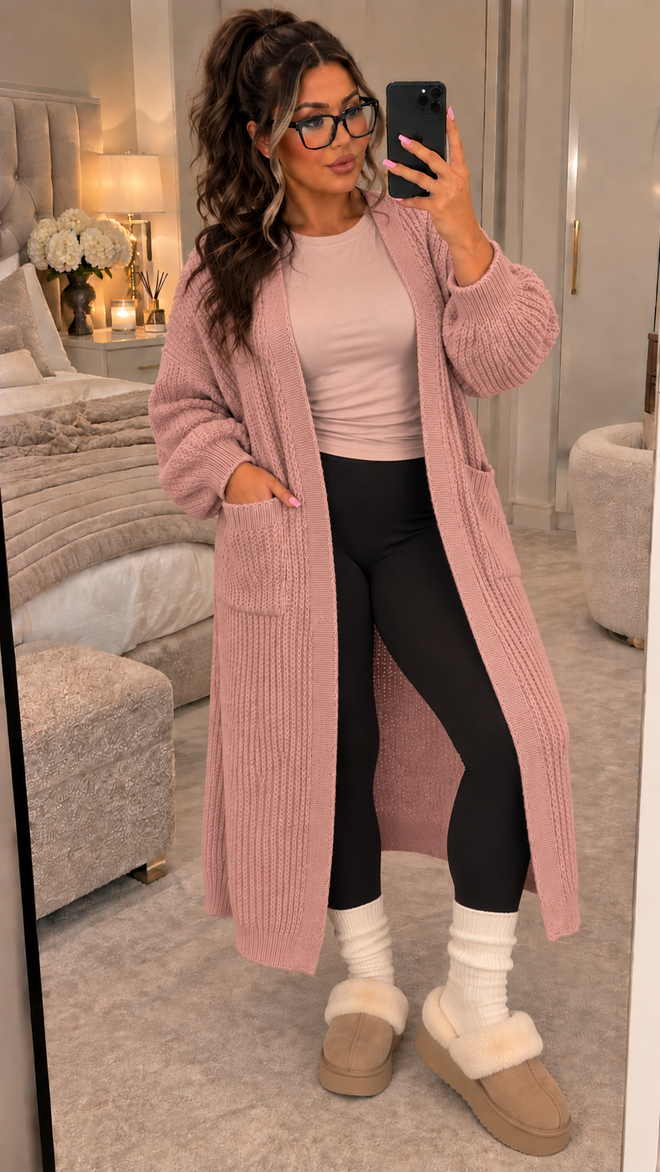 Balloon Sleeved Knitted Maxi Cardigan