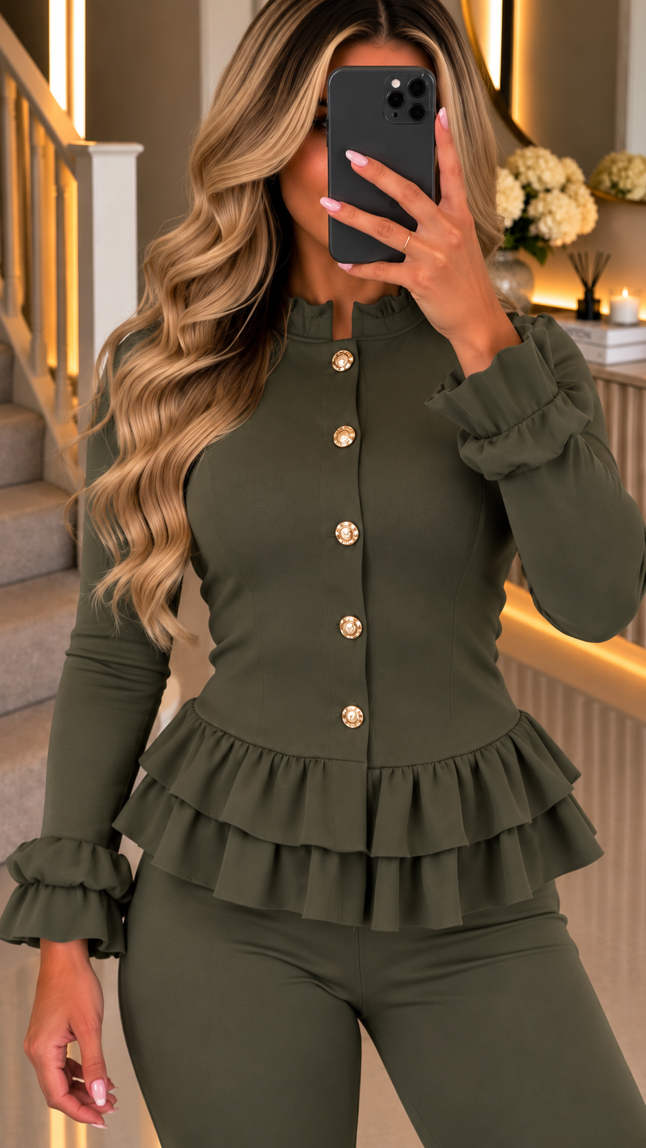 Peplum Ribbed  Button Two Piece Co-ord with Frill Sleeve and Hem