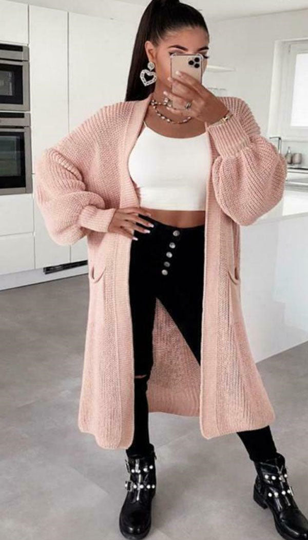 Balloon Sleeved Knitted Maxi Cardigan - omgfashion.com