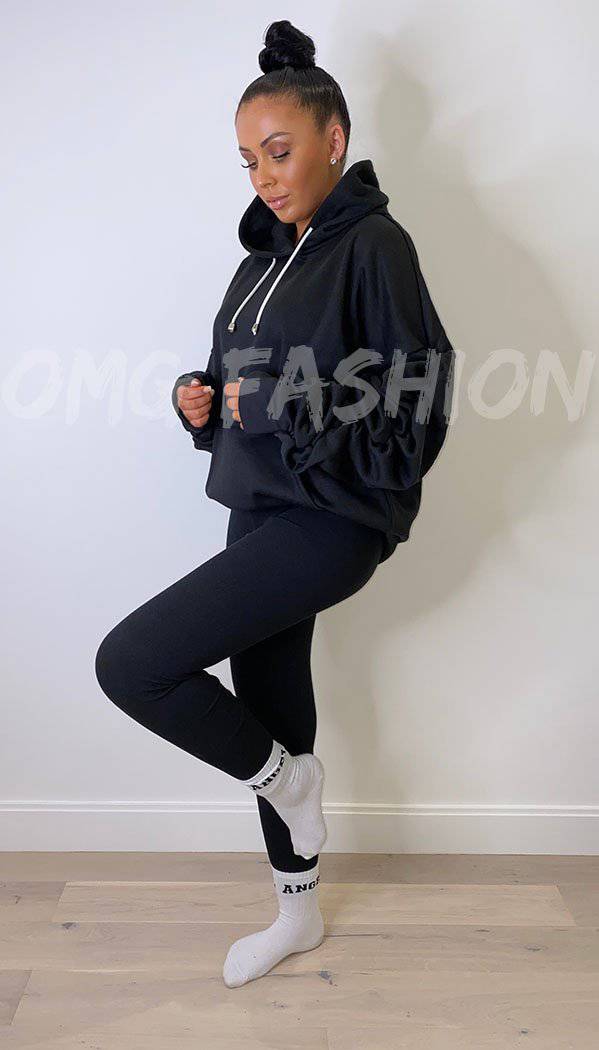 Kangaroo Pocket Ruche Sleeved Exclusive Hoodie with Drawstrings - omgfashion.com