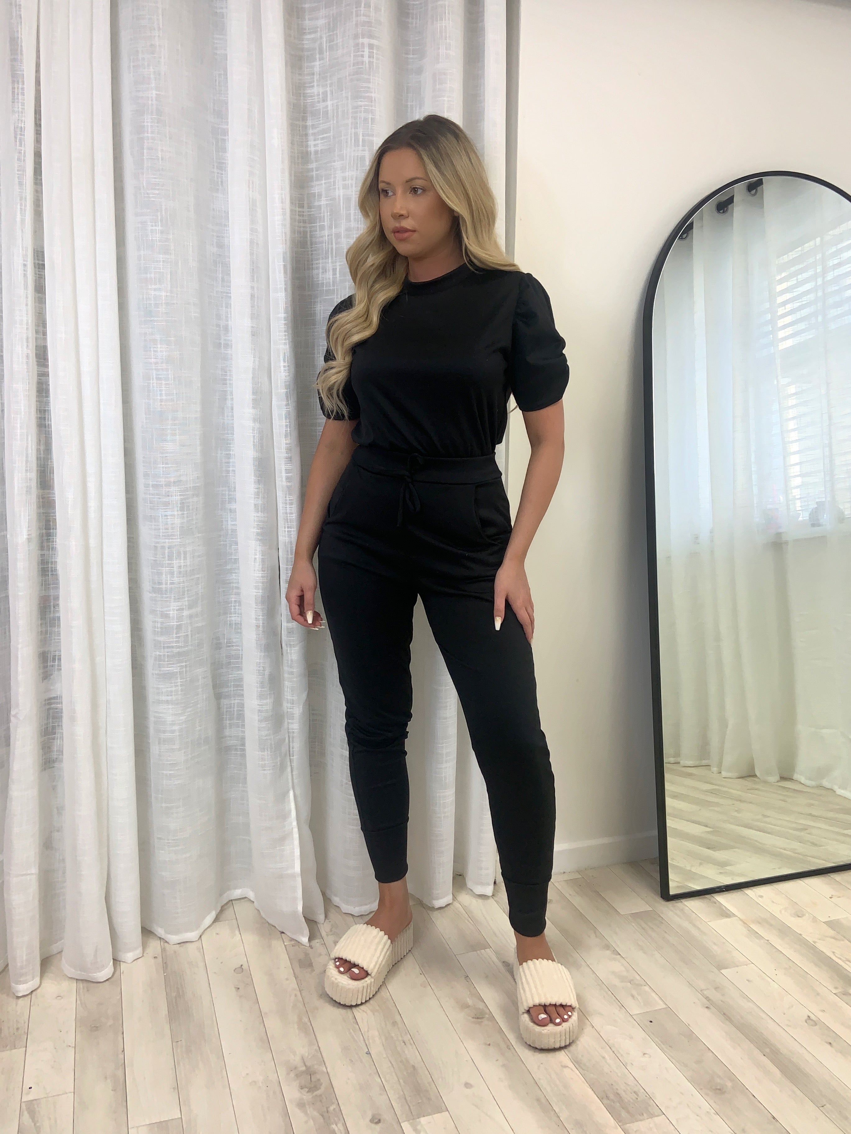 Short Sleeved Ruche Arm Ponti Jogger Two Piece Loungewear Set