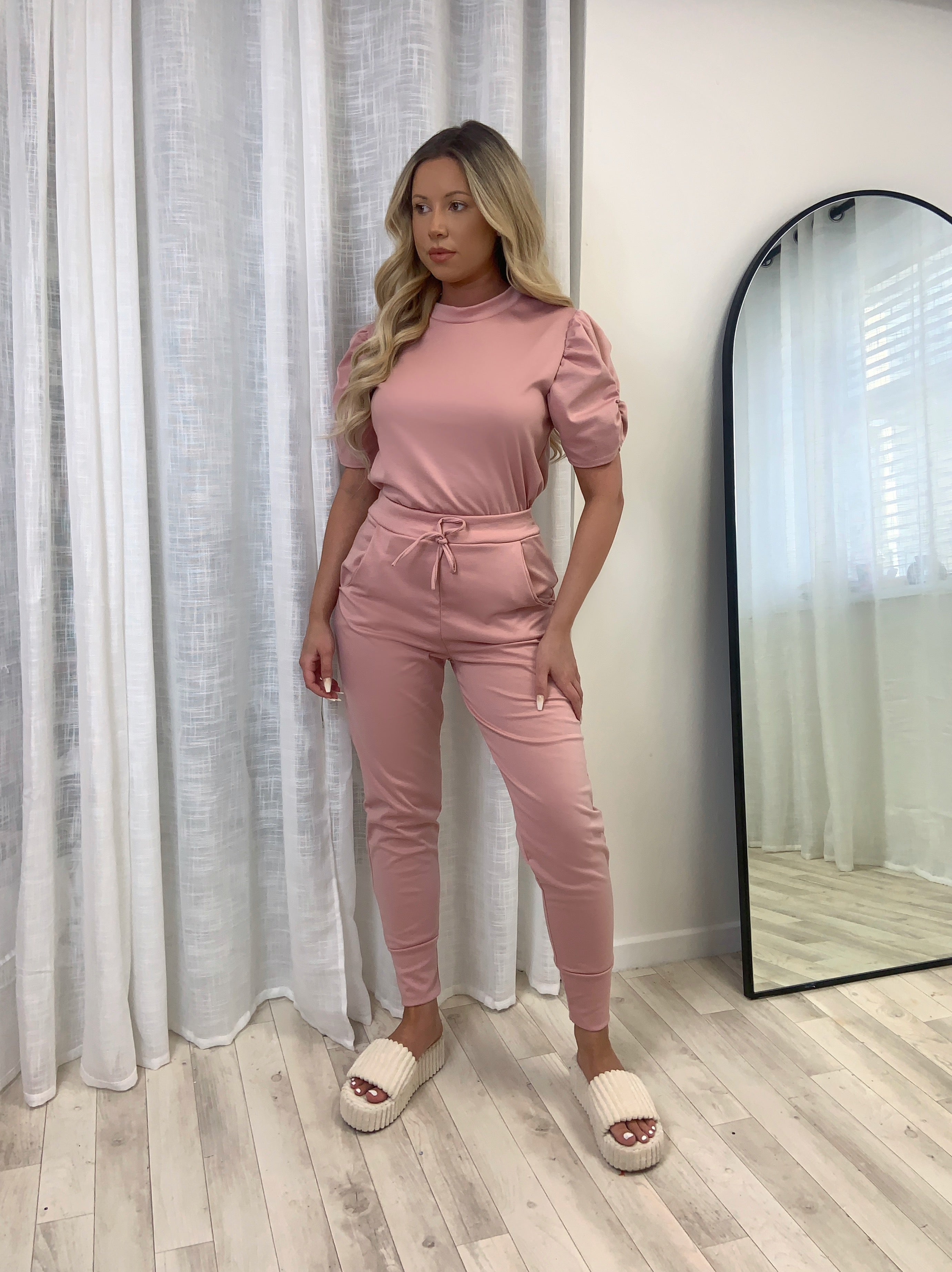Short Sleeved Ruche Arm Ponti Jogger Two Piece Loungewear Set