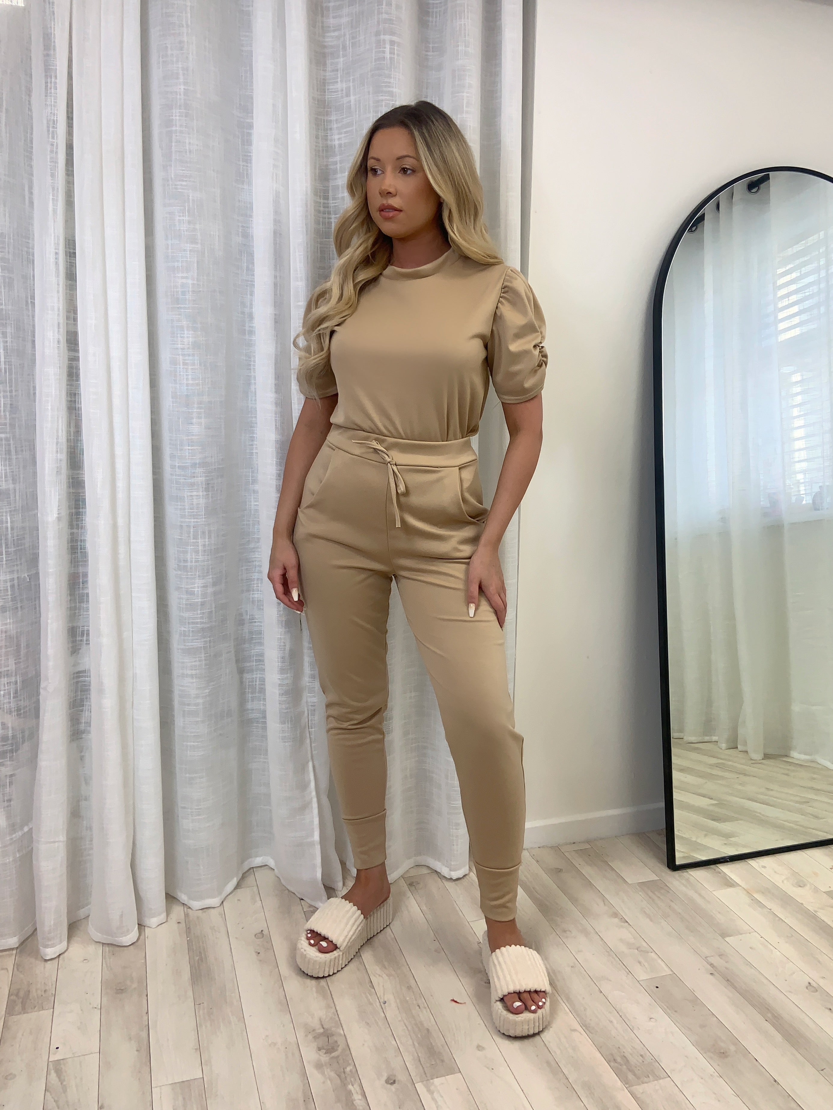 Short Sleeved Ruche Arm Ponti Jogger Two Piece Loungewear Set