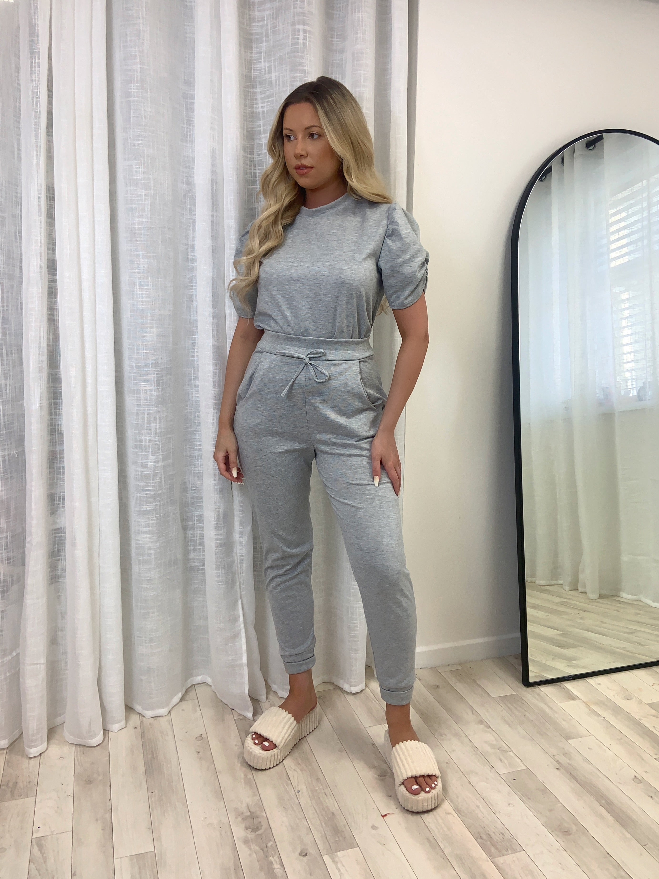 Short Sleeved Ruche Arm Ponti Jogger Two Piece Loungewear Set