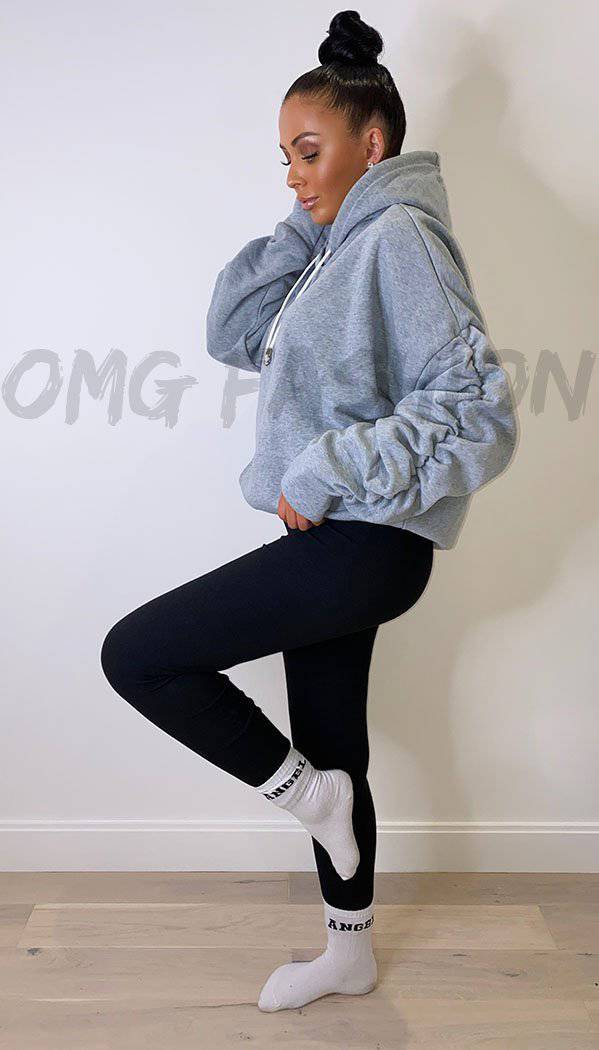 Kangaroo Pocket Ruche Sleeved Exclusive Hoodie with Drawstrings - omgfashion.com