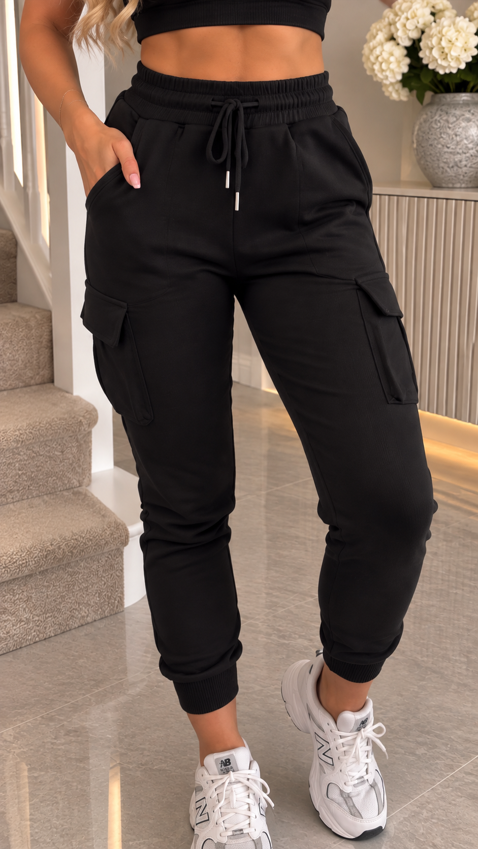 Plain Black Utility Cargo Joggers Trousers