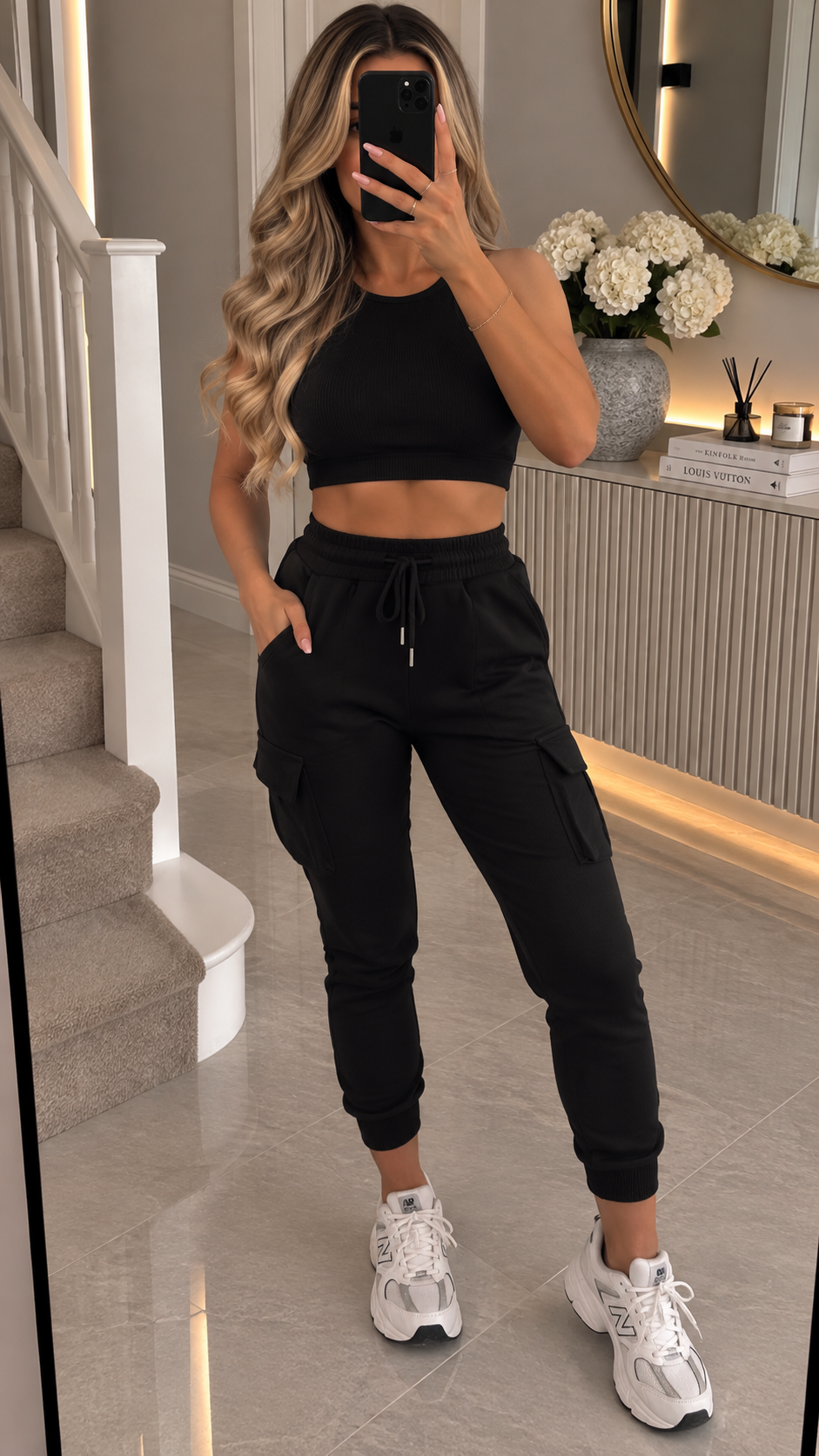 Plain Black Utility Cargo Joggers Trousers