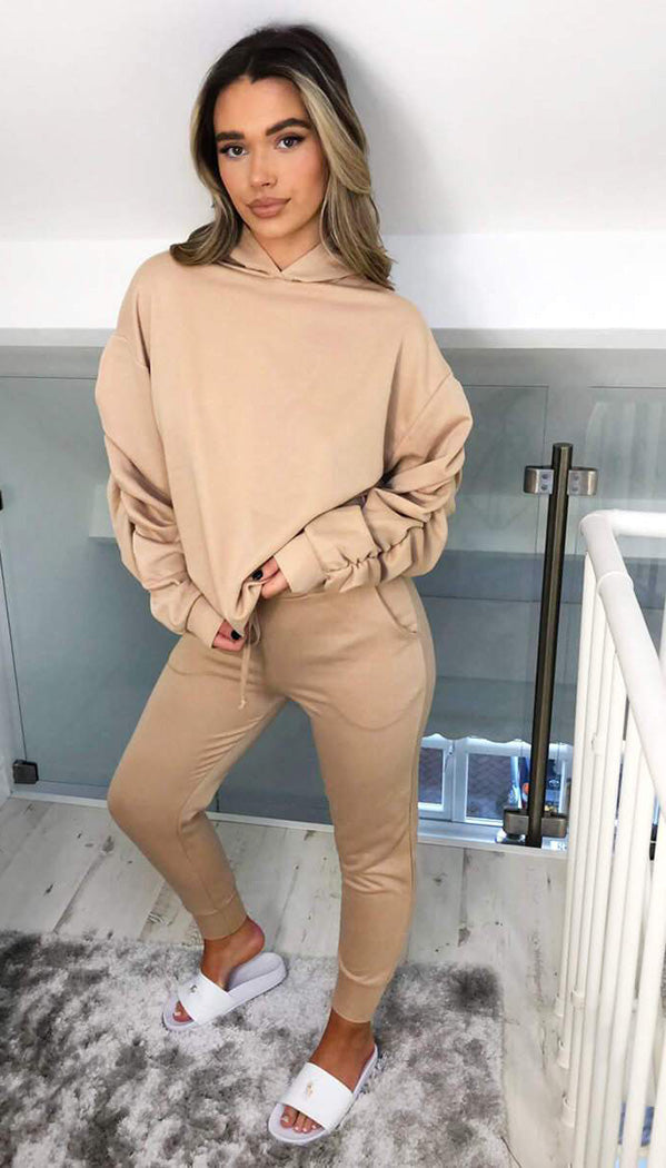Ponti Hooded Ruche Sleeved Lounge Wear Tracksuit - omgfashion.com