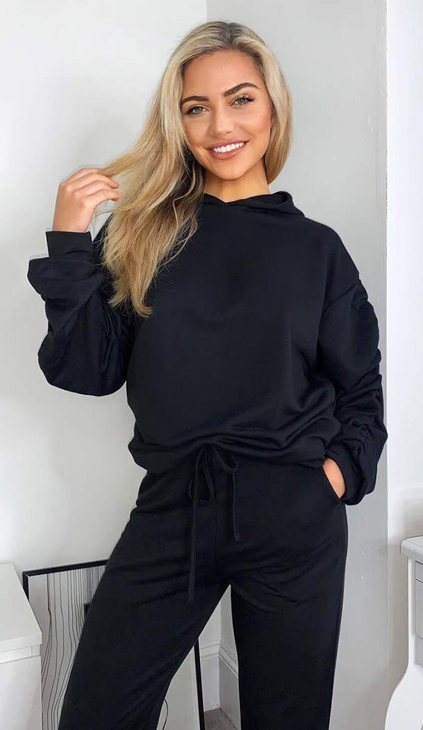 Ponti Hooded Ruche Sleeved Lounge Wear Tracksuit - omgfashion.com