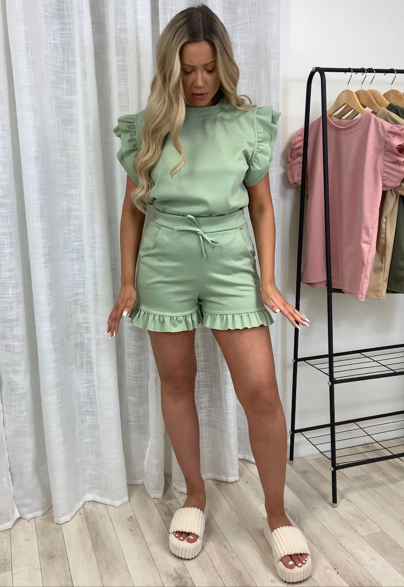 Frill Sleeved Shorts Two Piece Set