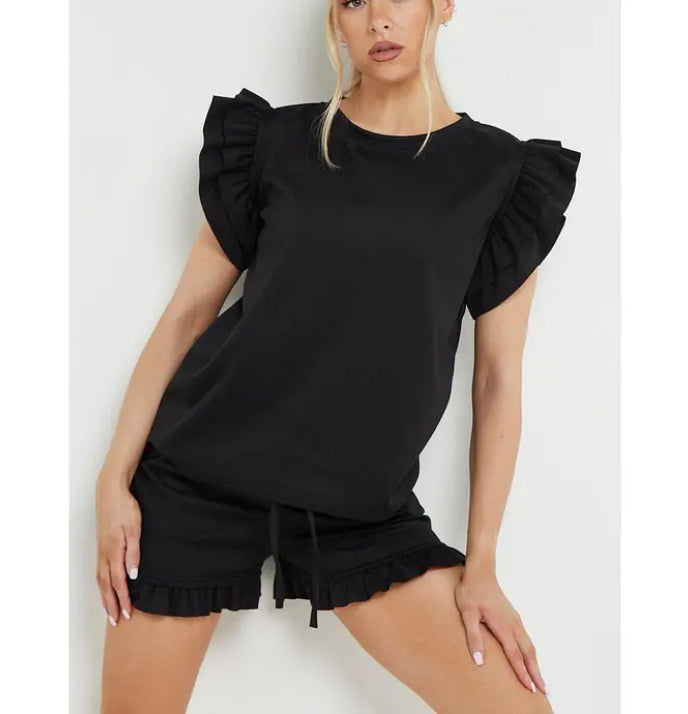 Frill Sleeved Shorts Two Piece Set