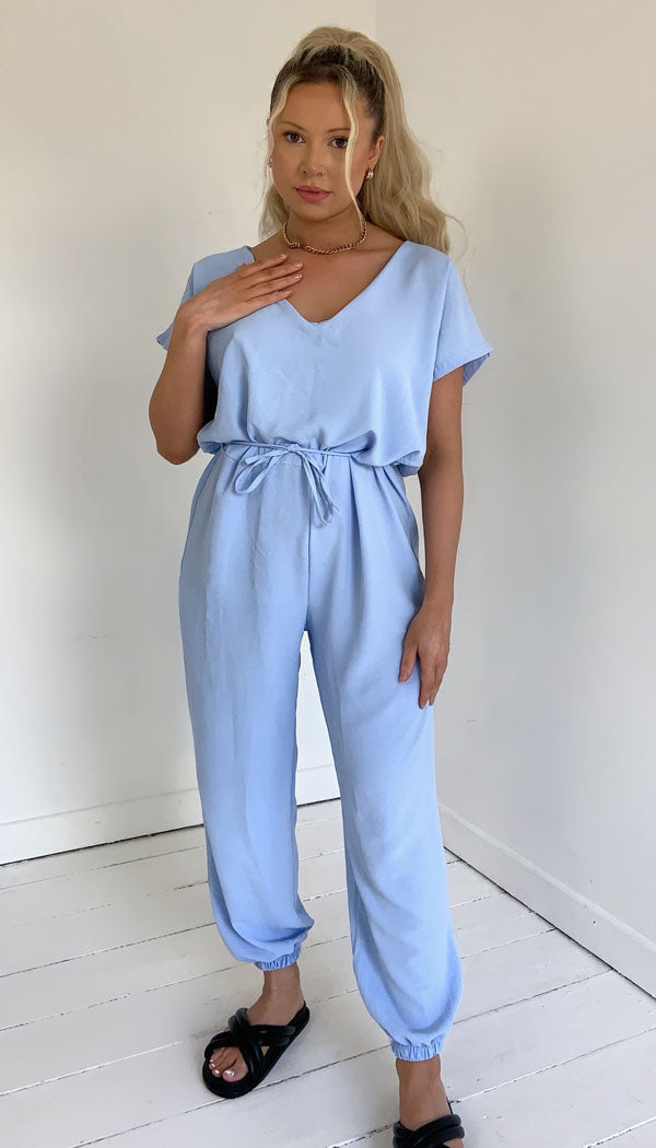 Short Sleeved Tie Up Belted Jumpsuit - omgfashion.com