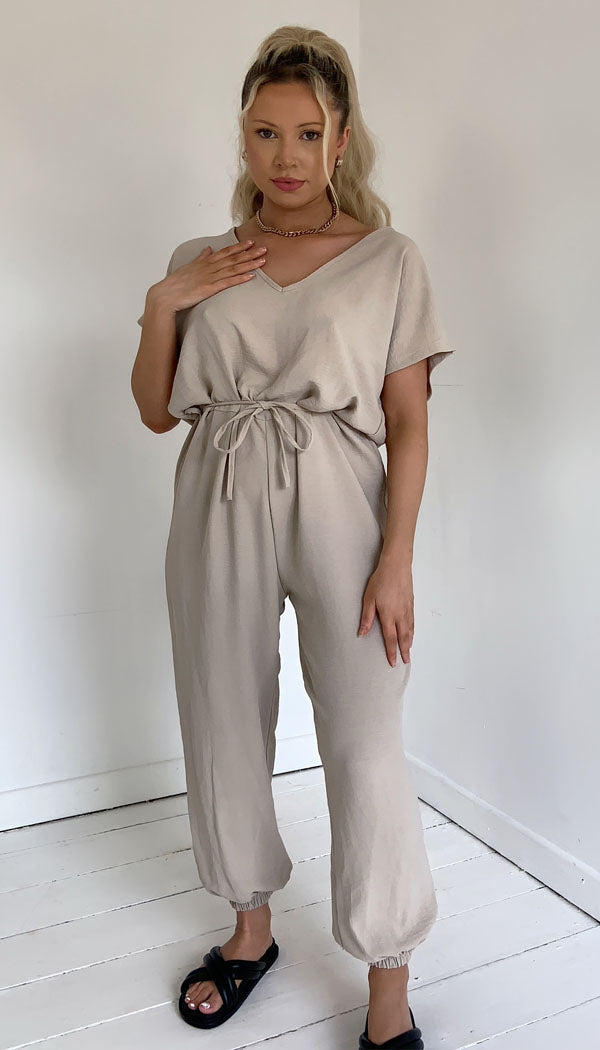 Short Sleeved Tie Up Belted Jumpsuit - omgfashion.com