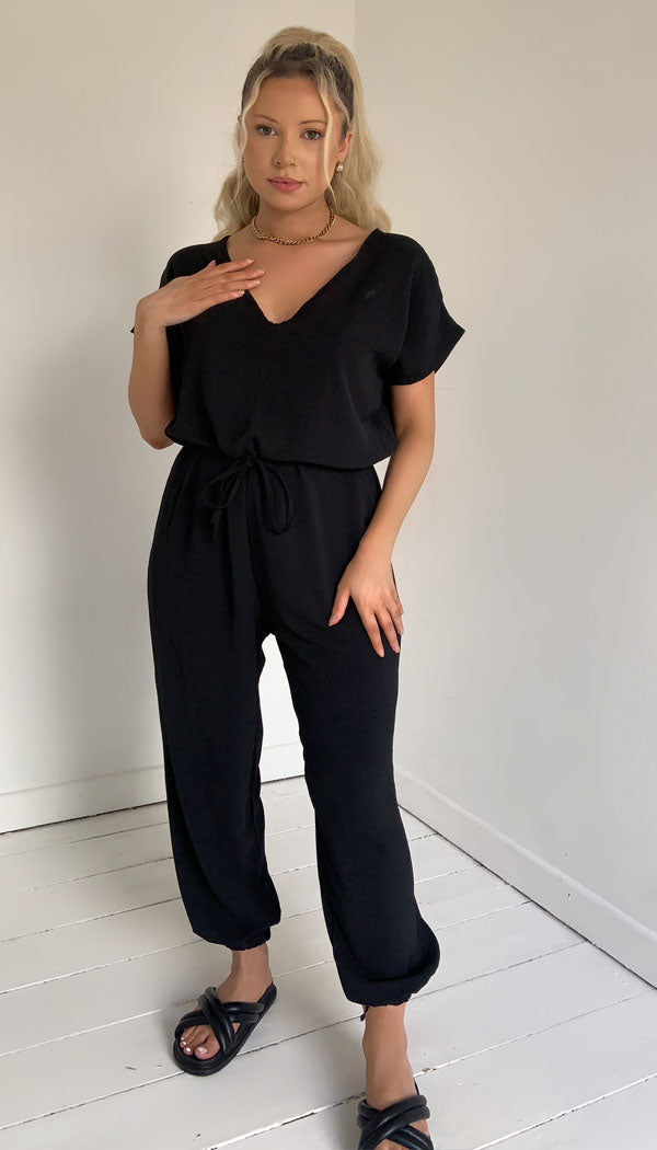 Short Sleeved Tie Up Belted Jumpsuit - omgfashion.com