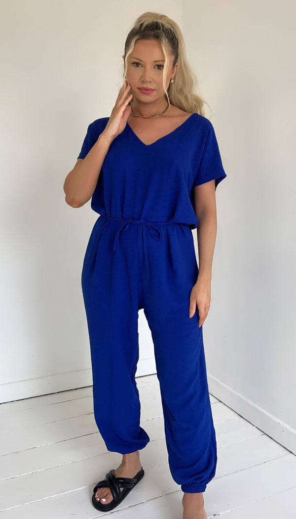 Short Sleeved Tie Up Belted Jumpsuit - omgfashion.com