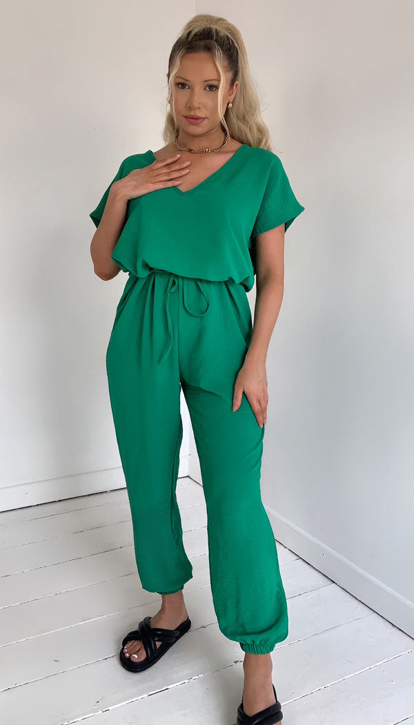 Short Sleeved Tie Up Belted Jumpsuit - omgfashion.com