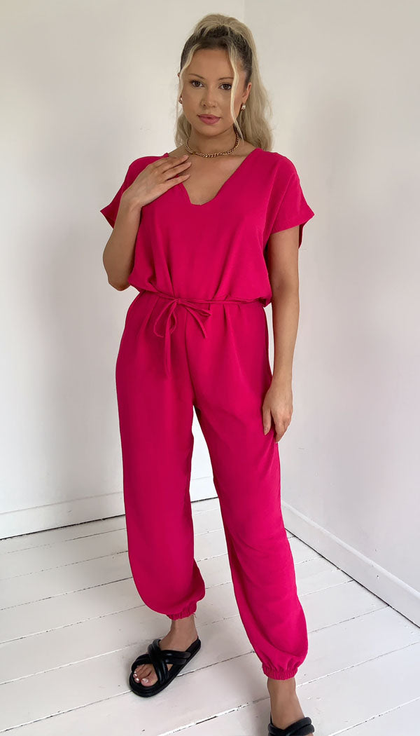 Short Sleeved Tie Up Belted Jumpsuit - omgfashion.com