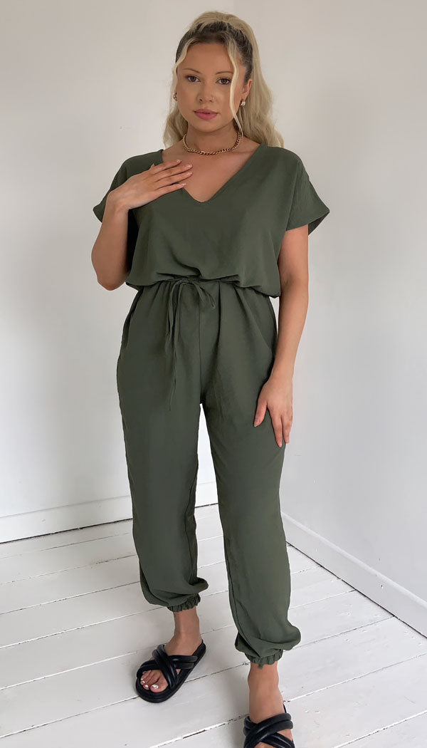 Short Sleeved Tie Up Belted Jumpsuit - omgfashion.com