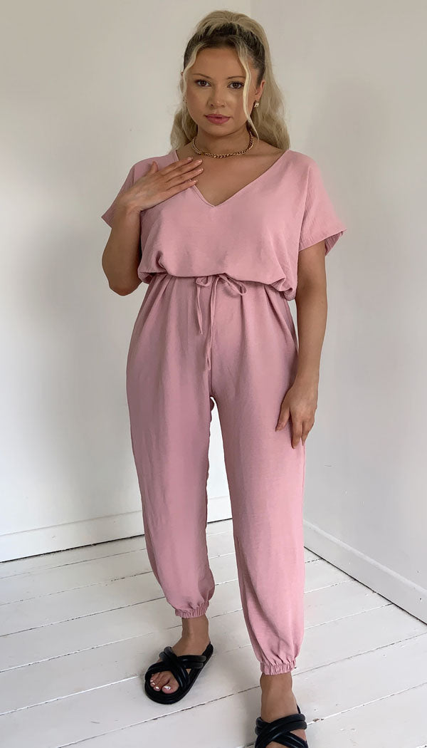 Short Sleeved Tie Up Belted Jumpsuit - omgfashion.com