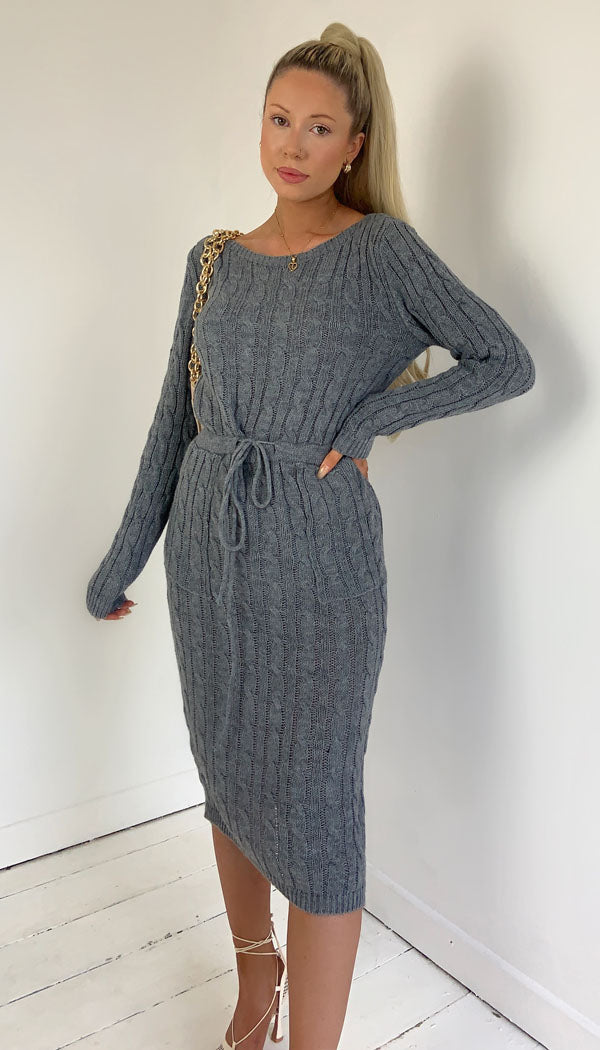 Pocket  Knitted Tied Knitted Midi Dress - omgfashion.com