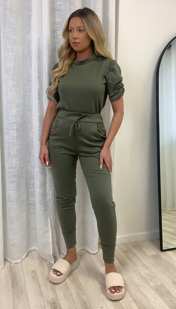 Short Sleeved Ruche Arm Ponti Jogger Two Piece Loungewear Set