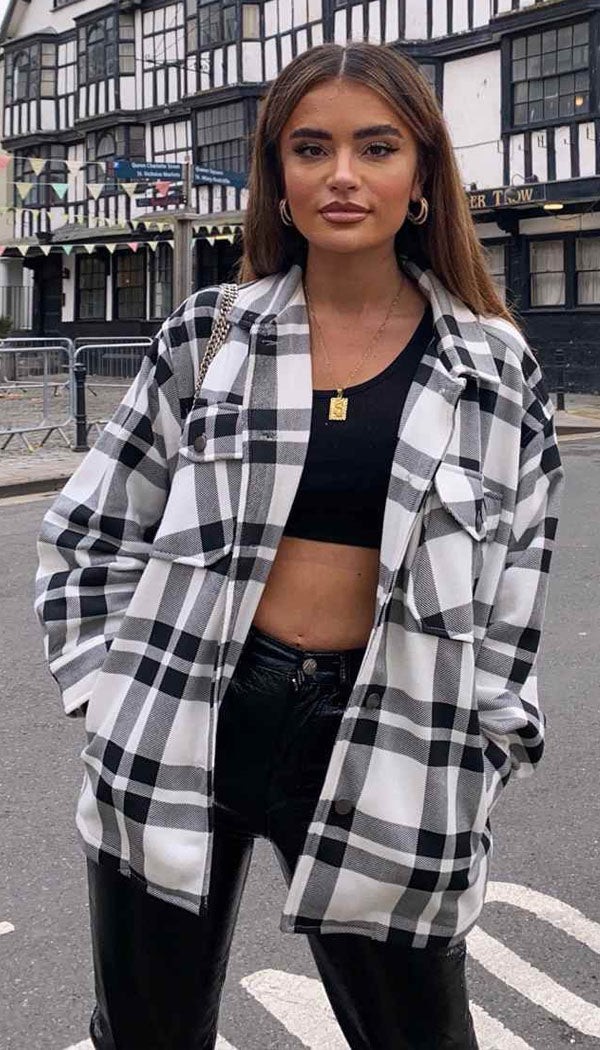 Check Button Oversized Shacket - omgfashion.com