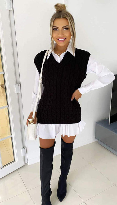 Cable V-Neck Tank Jumper - omgfashion.com