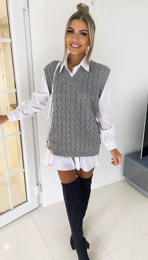 Cable V-Neck Tank Jumper - omgfashion.com