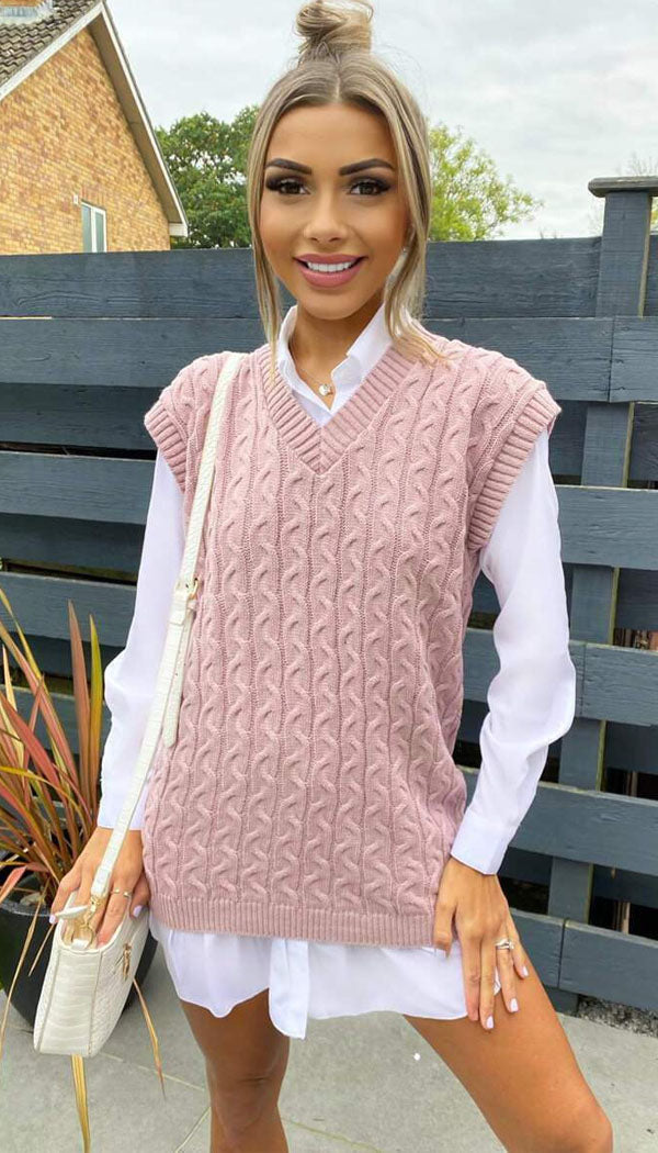 Cable V-Neck Tank Jumper - omgfashion.com