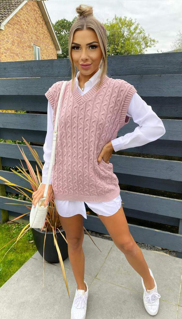 Cable V-Neck Tank Jumper - omgfashion.com