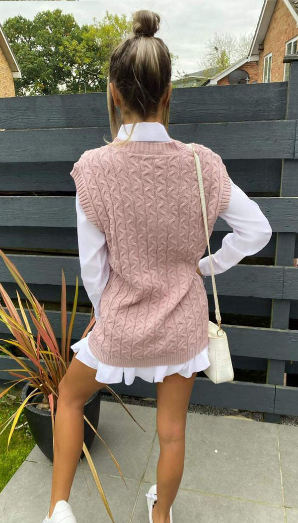 Cable V-Neck Tank Jumper - omgfashion.com