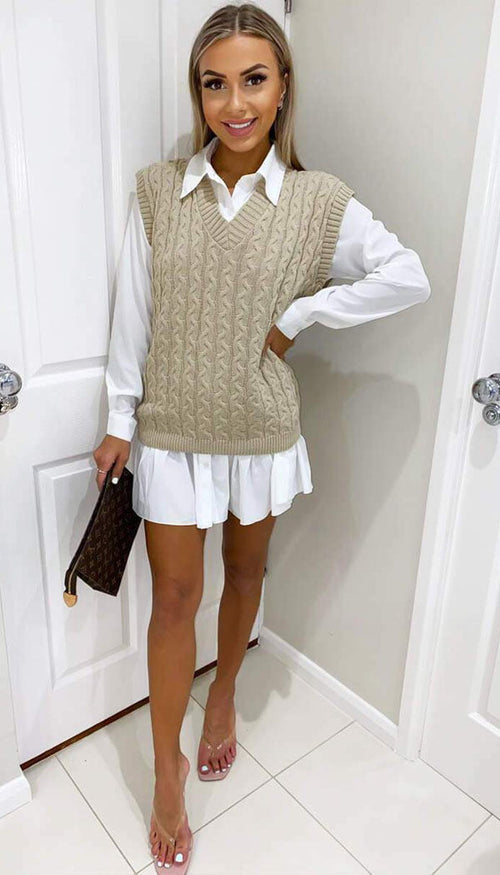 Cable V-Neck Tank Jumper - omgfashion.com
