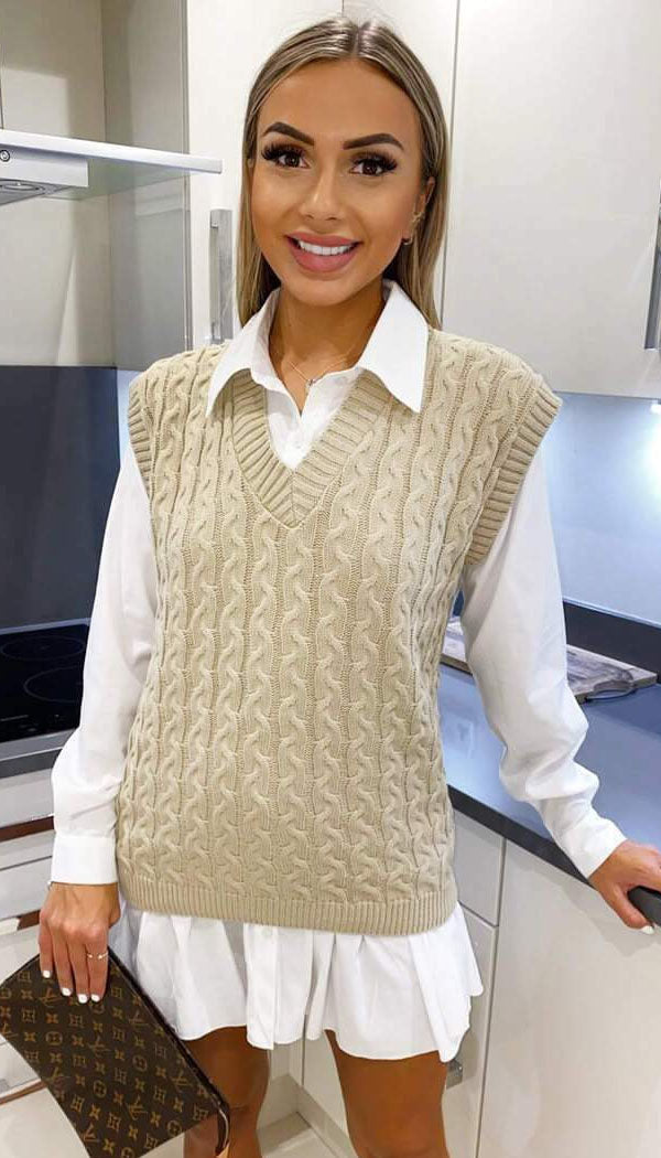 Cable V-Neck Tank Jumper - omgfashion.com