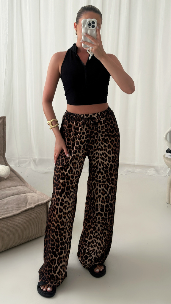 Roxy Leopard Animal Print Wide Leg Palazzo Trousers