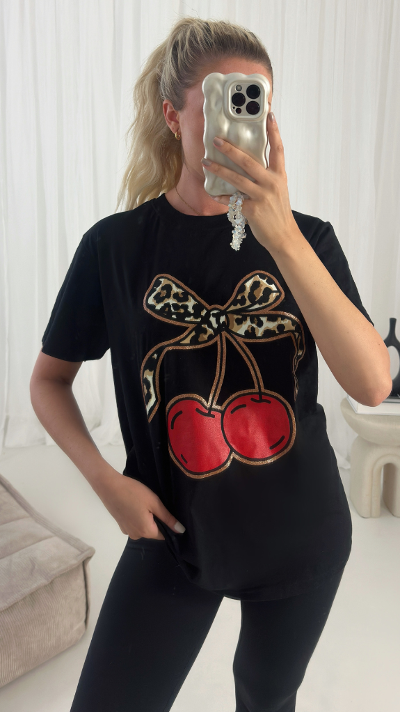 Leopard Bow Cherry Slogan Tee Tshirt