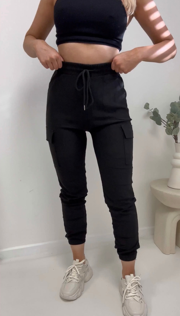 Plain Black Utility Cargo Joggers Trousers