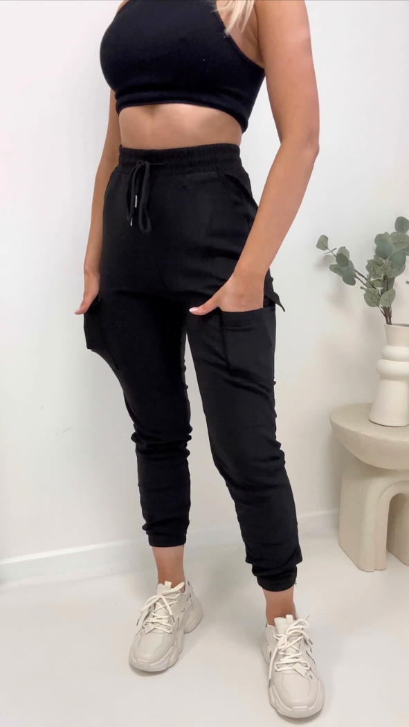 Plain Black Utility Cargo Joggers Trousers