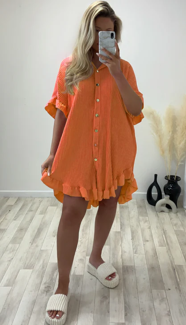 Pleated Button Frill shirt Dress