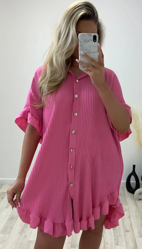 Pleated Button Frill shirt Dress