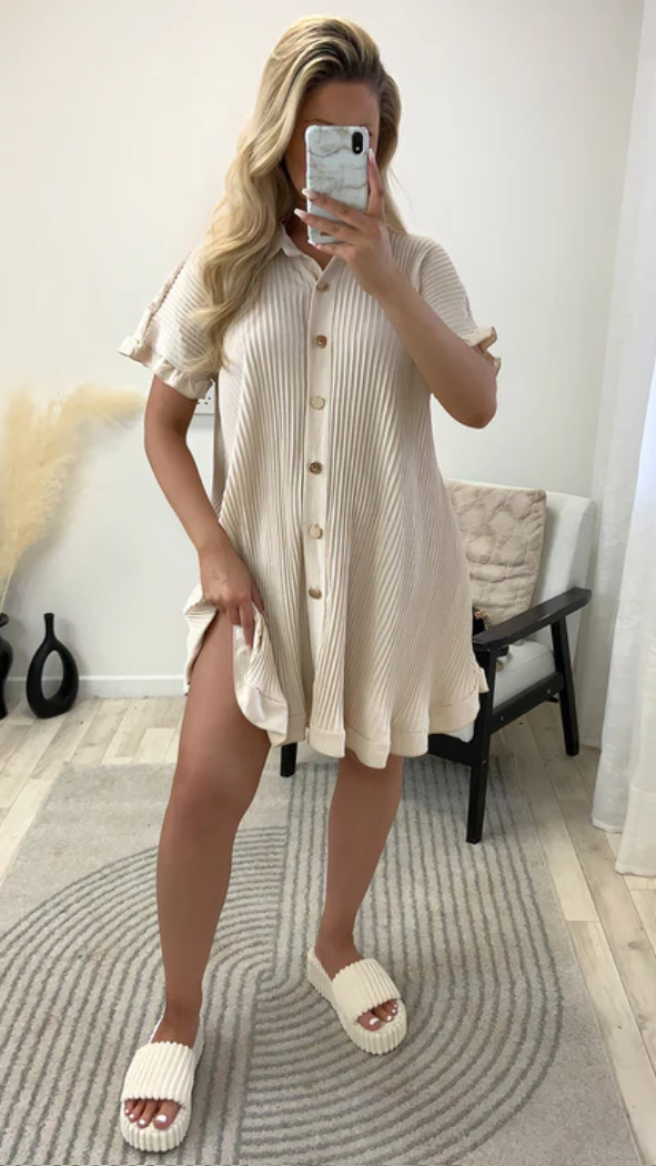 Pleated Button Frill shirt Dress