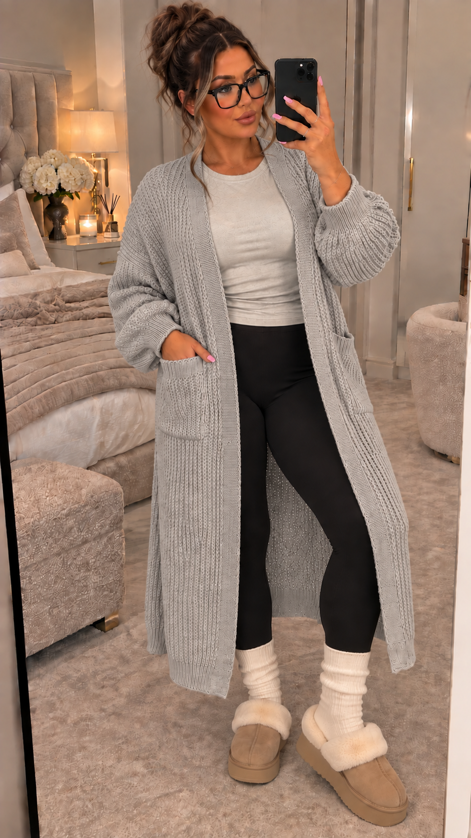Balloon Sleeved Knitted Maxi Cardigan