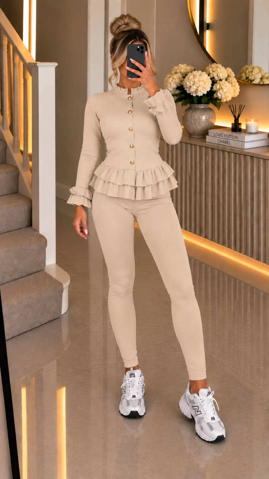 Peplum Ribbed  Button Two Piece Co-ord with Frill Sleeve and Hem