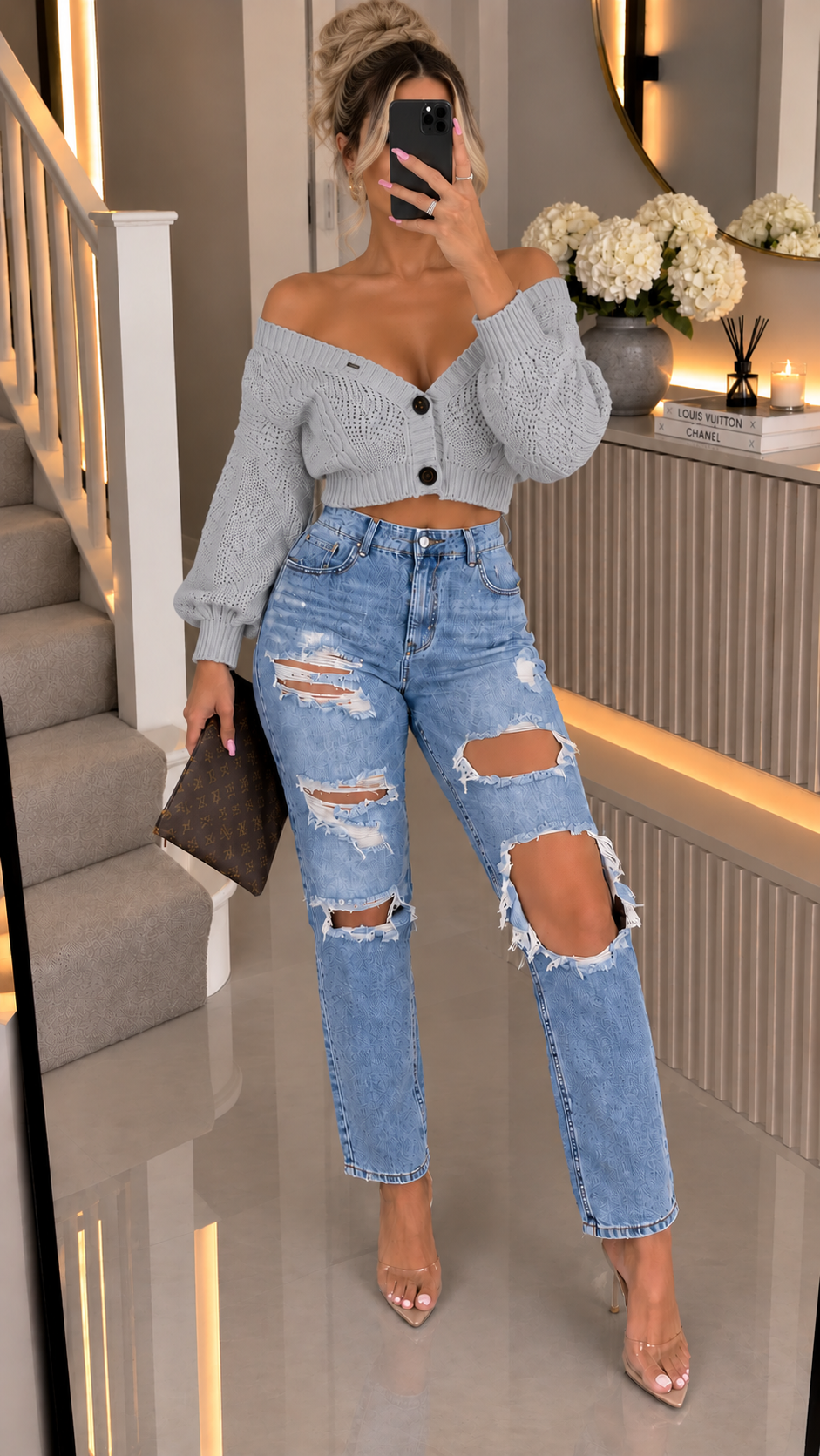 Cropped Button Knitted Cardigan with Long Sleeves