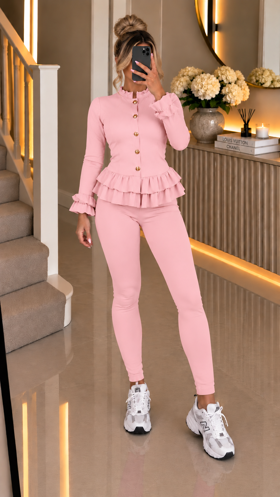 Peplum Ribbed  Button Two Piece Co-ord with Frill Sleeve and Hem